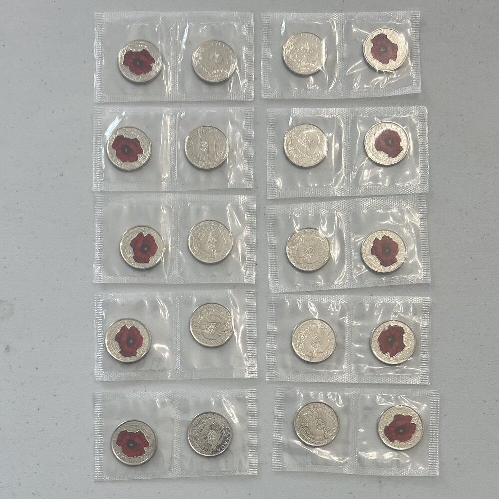 2015 Canada Remembrance Day Poppy 10 x 2 packs of 25¢ Coins!
